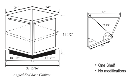 BAE24: Kitchen Angled Base Cabinet, End, 24"W along wall x 34-1/2"H x 24"D